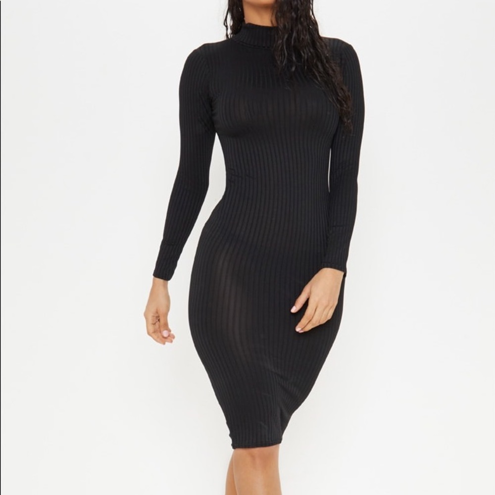 Prettylittlething Black Rib Long Sleeve Midi Dress